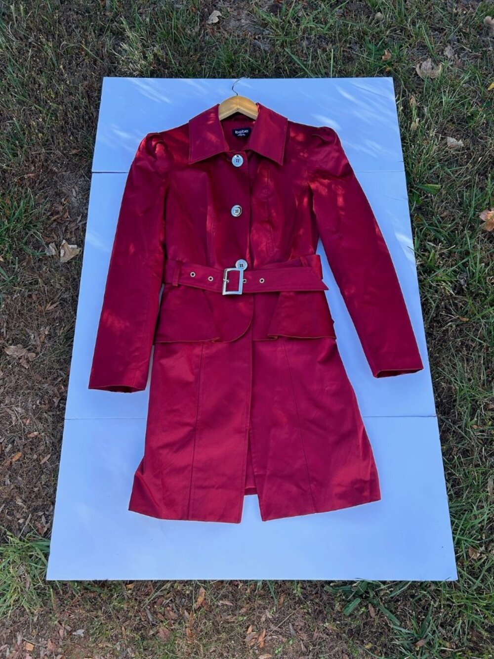 bebe Red Satin Belted Trench Coat